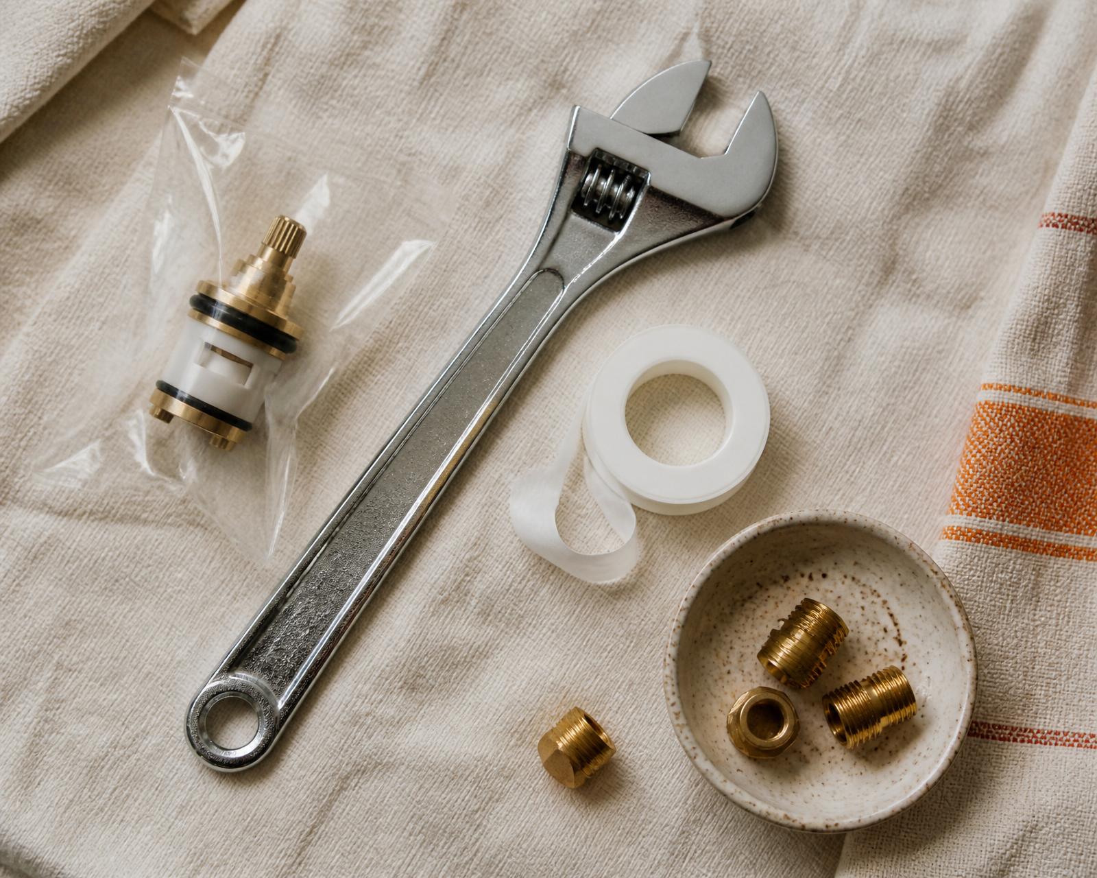 A chrome spanner, replacement tap cartridge, PTFE tape and brass fittings laid out on linen.
